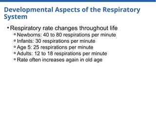 Developmental Aspects of the Respiratory
System
• Respiratory rate changes throughout life
⚬Newborns: 40 to 80 respirations per minute
⚬Infants: 30 respirations per minute
⚬Age 5: 25 respirations per minute
⚬Adults: 12 to 18 respirations per minute
⚬Rate often increases again in old age
 