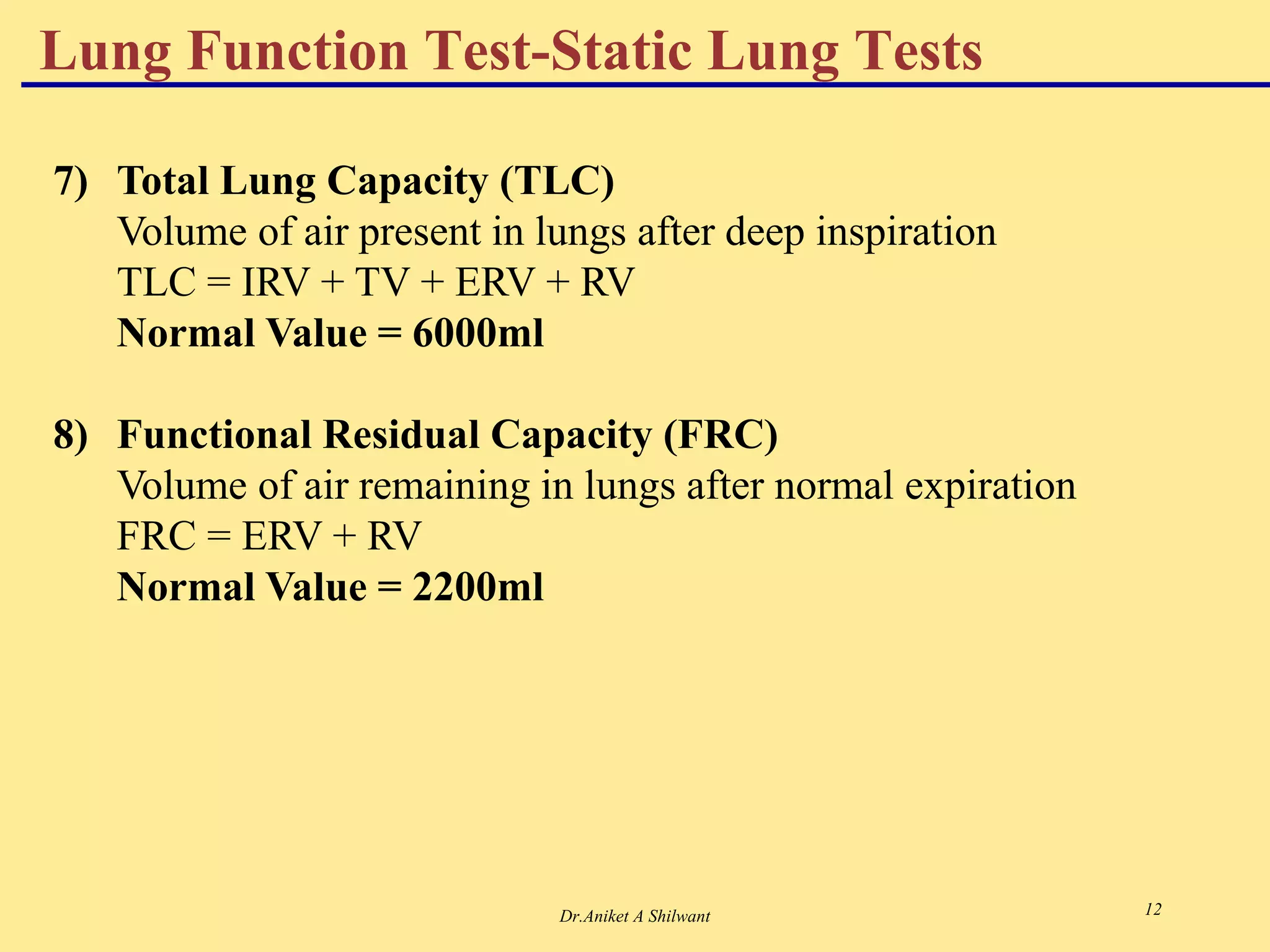 Dr.Aniket A Shilwant 12
7) Total Lung Capacity (TLC)
Volume of air present in lungs after deep inspiration
TLC = IRV + TV + ERV + RV
Normal Value = 6000ml
8) Functional Residual Capacity (FRC)
Volume of air remaining in lungs after normal expiration
FRC = ERV + RV
Normal Value = 2200ml
Lung Function Test-Static Lung Tests
 