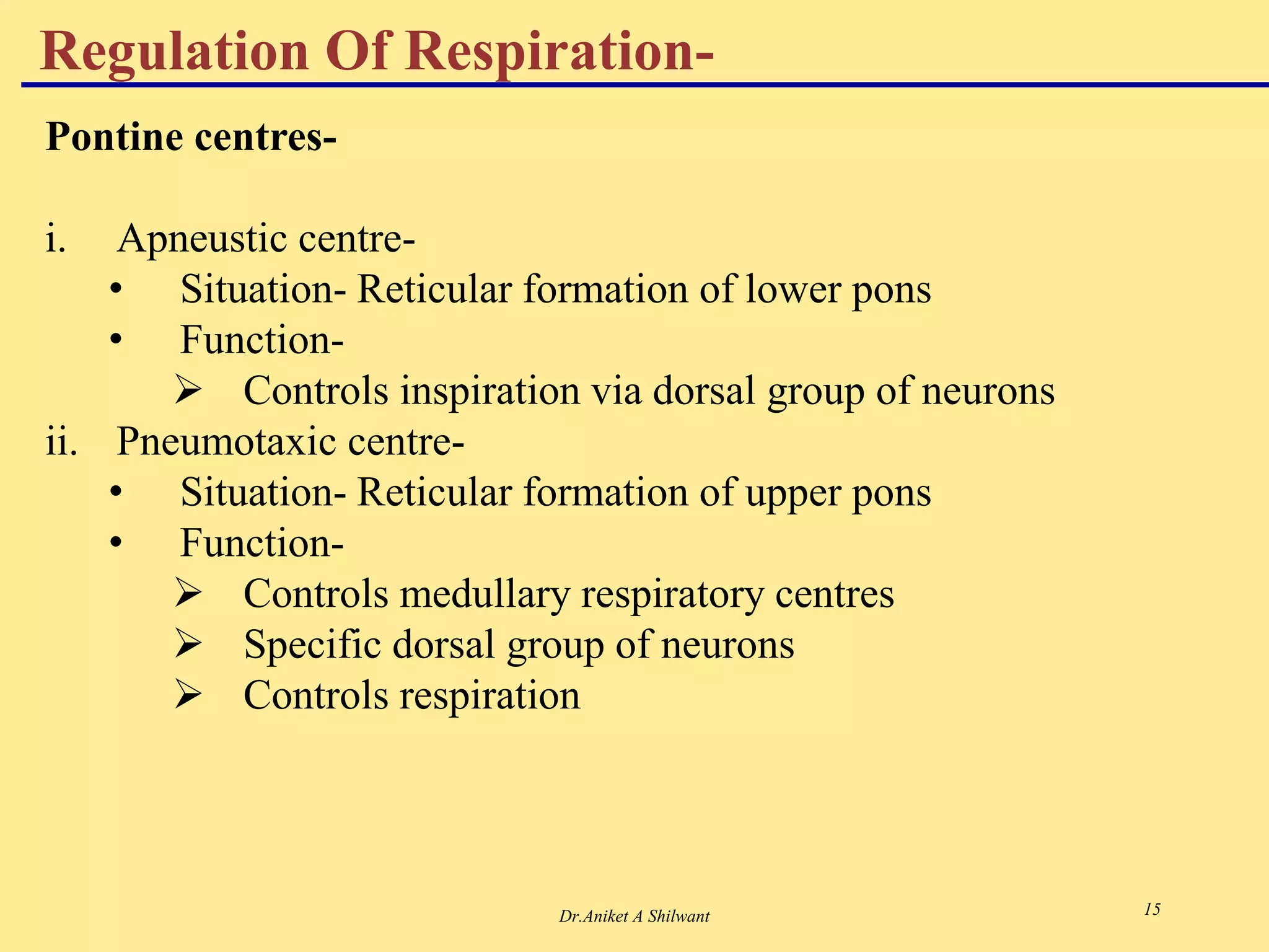 Dr.Aniket A Shilwant 15
Pontine centres-
i. Apneustic centre-
• Situation- Reticular formation of lower pons
• Function-
 Controls inspiration via dorsal group of neurons
ii. Pneumotaxic centre-
• Situation- Reticular formation of upper pons
• Function-
 Controls medullary respiratory centres
 Specific dorsal group of neurons
 Controls respiration
Regulation Of Respiration-
 