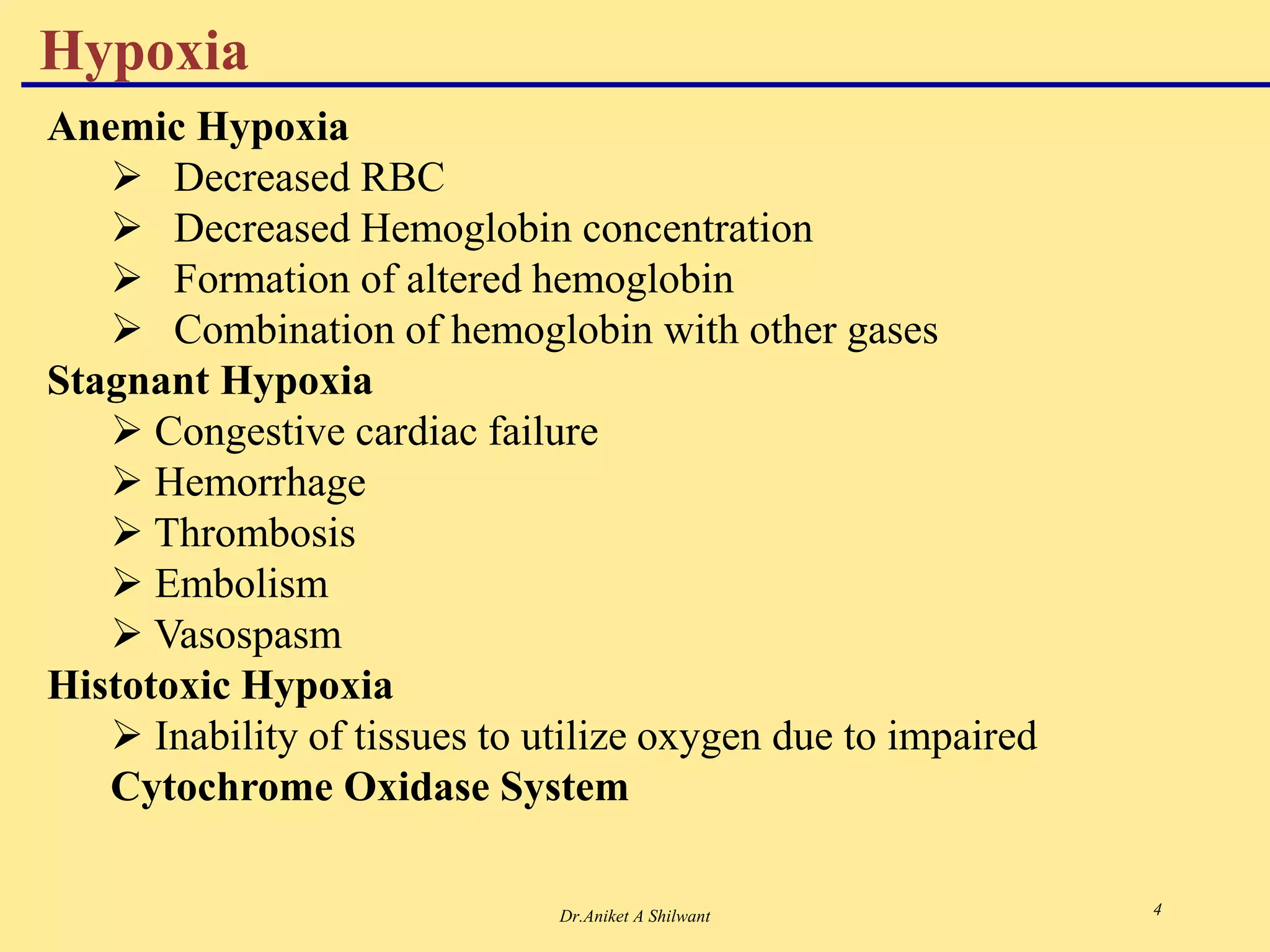 Dr.Aniket A Shilwant 4
Anemic Hypoxia
 Decreased RBC
 Decreased Hemoglobin concentration
 Formation of altered hemoglobin
 Combination of hemoglobin with other gases
Stagnant Hypoxia
 Congestive cardiac failure
 Hemorrhage
 Thrombosis
 Embolism
 Vasospasm
Histotoxic Hypoxia
 Inability of tissues to utilize oxygen due to impaired
Cytochrome Oxidase System
Hypoxia
 