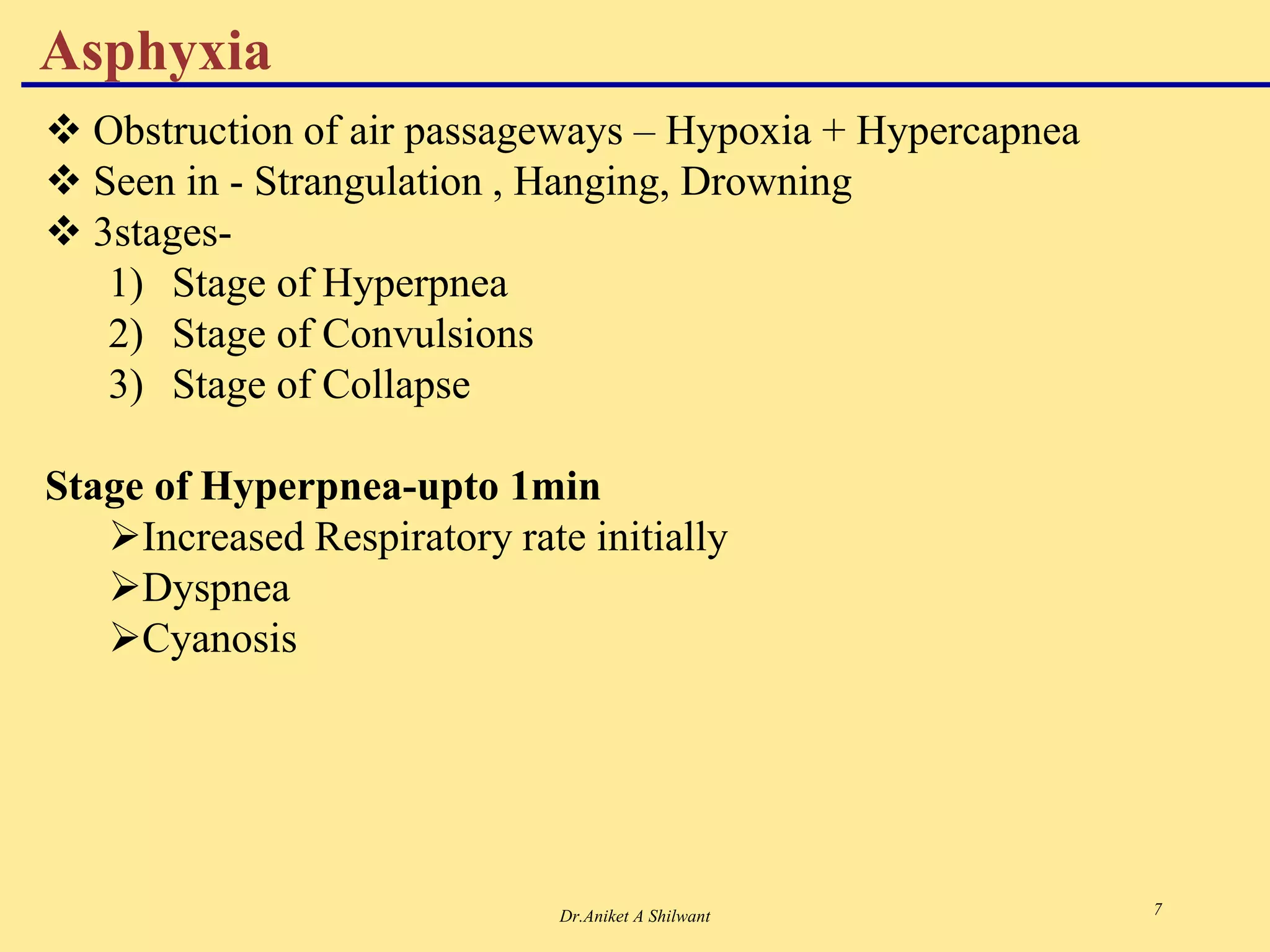 Dr.Aniket A Shilwant 7
 Obstruction of air passageways – Hypoxia + Hypercapnea
 Seen in - Strangulation , Hanging, Drowning
 3stages-
1) Stage of Hyperpnea
2) Stage of Convulsions
3) Stage of Collapse
Stage of Hyperpnea-upto 1min
Increased Respiratory rate initially
Dyspnea
Cyanosis
Asphyxia
 