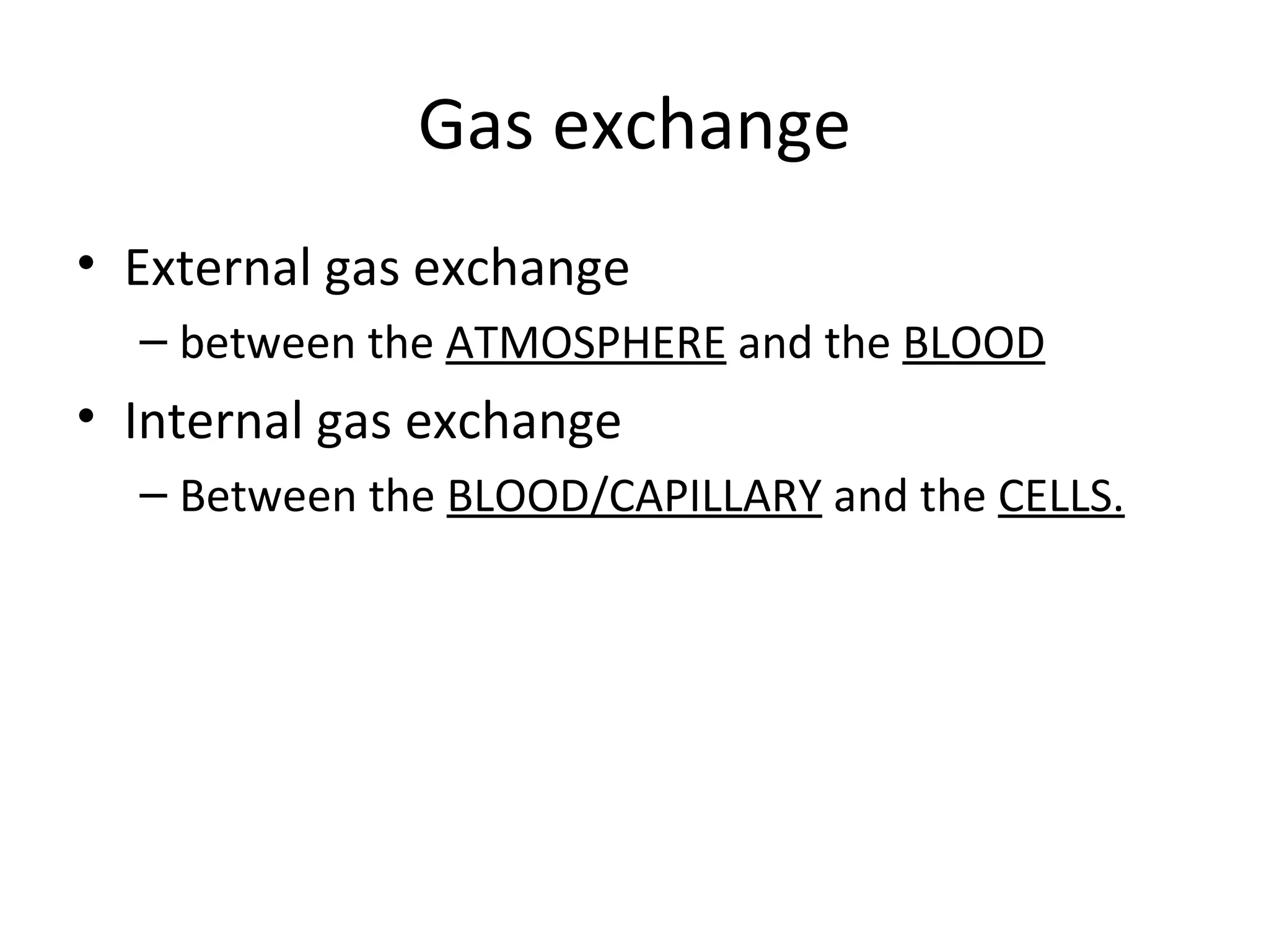 Gas exchange External gas exchange  between the  ATMOSPHERE  and the  BLOOD Internal gas exchange Between the  BLOOD/CAPILLARY  and the  CELLS. 