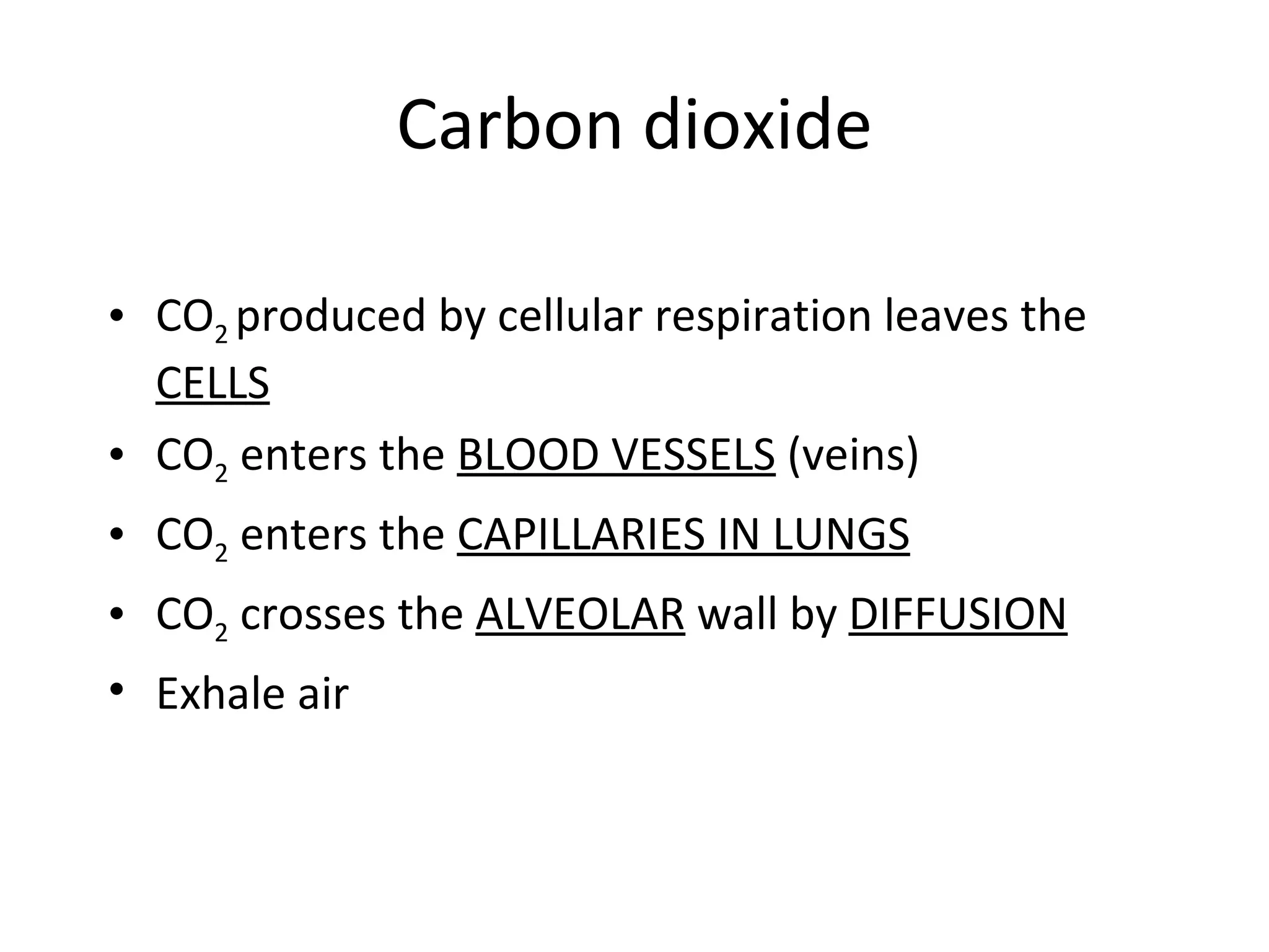 Carbon dioxide CO 2  produced by cellular respiration leaves the  CELLS CO 2  enters the  BLOOD VESSELS  (veins) CO 2  enters the  CAPILLARIES IN LUNGS CO 2  crosses the  ALVEOLAR  wall by  DIFFUSION Exhale air 