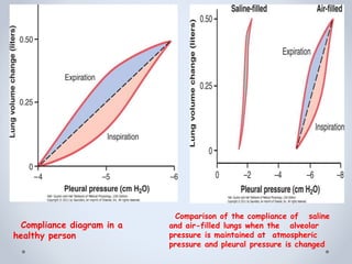 Compliance diagram in a
healthy person
Comparison of the compliance of saline
and air-filled lungs when the alveolar
pressure is maintained at atmospheric
pressure and pleural pressure is changed
 