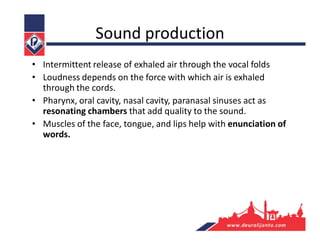 Sound production
• Intermittent release of exhaled air through the vocal folds
• Loudness depends on the force with which air is exhaled
through the cords.
• Pharynx, oral cavity, nasal cavity, paranasal sinuses act as
resonating chambers that add quality to the sound.
• Muscles of the face, tongue, and lips help with enunciation of
words.
 