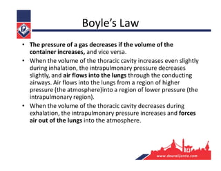 Boyle’s Law
• The pressure of a gas decreases if the volume of the
container increases, and vice versa.
• When the volume of the thoracic cavity increases even slightly
during inhalation, the intrapulmonary pressure decreases
slightly, and air flows into the lungs through the conducting
airways. Air flows into the lungs from a region of higher
pressure (the atmosphere)into a region of lower pressure (the
intrapulmonary region).
• When the volume of the thoracic cavity decreases during
exhalation, the intrapulmonary pressure increases and forces
air out of the lungs into the atmosphere.
 