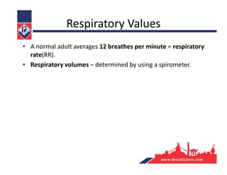 Respiratory Values
• A normal adult averages 12 breathes per minute = respiratory
rate(RR).
• Respiratory volumes – determined by using a spirometer.
 