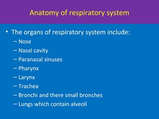 Anatomy of respiratory system
• The organs of respiratory system include:
– Nose
– Nasal cavity
– Paranasal sinuses
– Pharynx
– Larynx
– Trachea
– Bronchi and there small bronches
– Lungs which contain alveoli
 