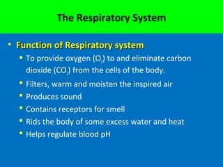 The Respiratory System
• Function of Respiratory systemFunction of Respiratory system
 To provide oxygen (O2) to and eliminate carbon
dioxide (CO2) from the cells of the body.
 Filters, warm and moisten the inspired air
 Produces sound
 Contains receptors for smell
 Rids the body of some excess water and heat
 Helps regulate blood pH
 
