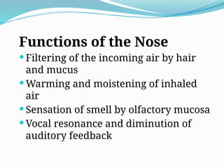 Functions of the Nose
 Filtering of the incoming air by hair
and mucus
 Warming and moistening of inhaled
air
 Sensation of smell by olfactory mucosa
 Vocal resonance and diminution of
auditory feedback
 