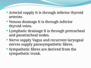  Arterial supply It is through inferior thyroid
arteries.
 Venous drainage It is through inferior
thyroid veins.
 Lymphatic drainage It is through pretracheal
and paratracheal nodes.
 Nerve supply Vagus and recurrent laryngeal
nerves supply parasympathetic fibres.
 Sympathetic fibres are derived from the
sympathetic trunk.
 