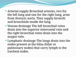  Arterial supply Bronchial arteries, two for
the left lung and one for the right lung, arise
from thoracic aorta. They supply bronchi
and bronchiole inside the lung.
 Venous drainage The left bronchial veins
drain into the superior intercostal vein and
the right bronchial veins drain into the
azygos vein.
 Lymphatic drainage The lungs drain into the
nodes present at the hilus (hilar or
pulmonary nodes) that carry lymph to the
tracheal nodes.
 