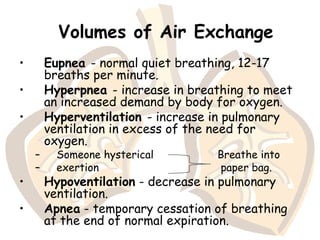 Volumes of Air Exchange
• Eupnea - normal quiet breathing, 12-17
breaths per minute.
• Hyperpnea - increase in breathing to meet
an increased demand by body for oxygen.
• Hyperventilation - increase in pulmonary
ventilation in excess of the need for
oxygen.
– Someone hysterical Breathe into
– exertion paper bag.
• Hypoventilation - decrease in pulmonary
ventilation.
• Apnea - temporary cessation of breathing
at the end of normal expiration.
 
