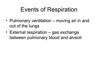 Events of Respiration
• Pulmonary ventilation – moving air in and
out of the lungs
• External respiration – gas exchange
between pulmonary blood and alveoli
 