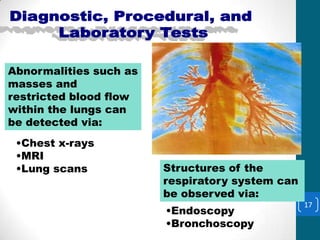 Abnormalities/Masses
Abnormalities such as
masses and
restricted blood flow
within the lungs can
be detected via:
 •Chest x-rays
 •MRI
 •Lung scans            Structures of the
                        respiratory system can
                        be observed via:
                                                 17
                        •Endoscopy
                        •Bronchoscopy
 