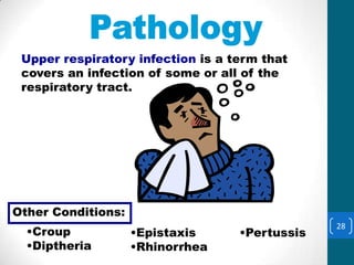 Upper Respiratory Infection
 Upper respiratory infection is a term that
 covers an infection of some or all of the
 respiratory tract.




Other Conditions:
                                                28
  •Croup            •Epistaxis     •Pertussis
  •Diptheria        •Rhinorrhea
 