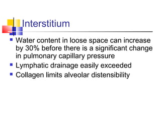 Interstitium
 Water content in loose space can increase
by 30% before there is a significant change
in pulmonary capillary pressure
 Lymphatic drainage easily exceeded
 Collagen limits alveolar distensibility
 