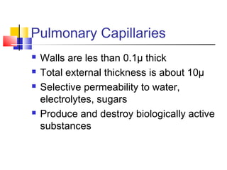 Pulmonary Capillaries
 Walls are les than 0.1µ thick
 Total external thickness is about 10µ
 Selective permeability to water,
electrolytes, sugars
 Produce and destroy biologically active
substances
 
