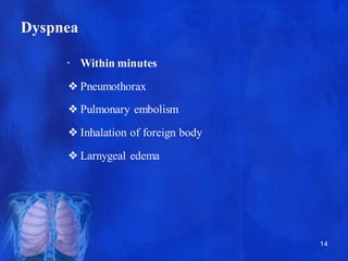 Dyspnea
14
• Within minutes
❖Pneumothorax
❖Pulmonary embolism
❖Inhalation of foreign body
❖Larnygeal edema
 