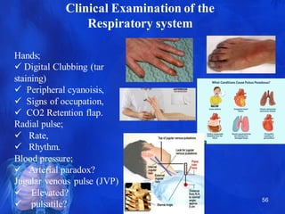 Clinical Examination of the
Respiratory system
Hands;
✓ Digital Clubbing (tar
staining)
✓ Peripheral cyanoisis,
✓ Signs of...