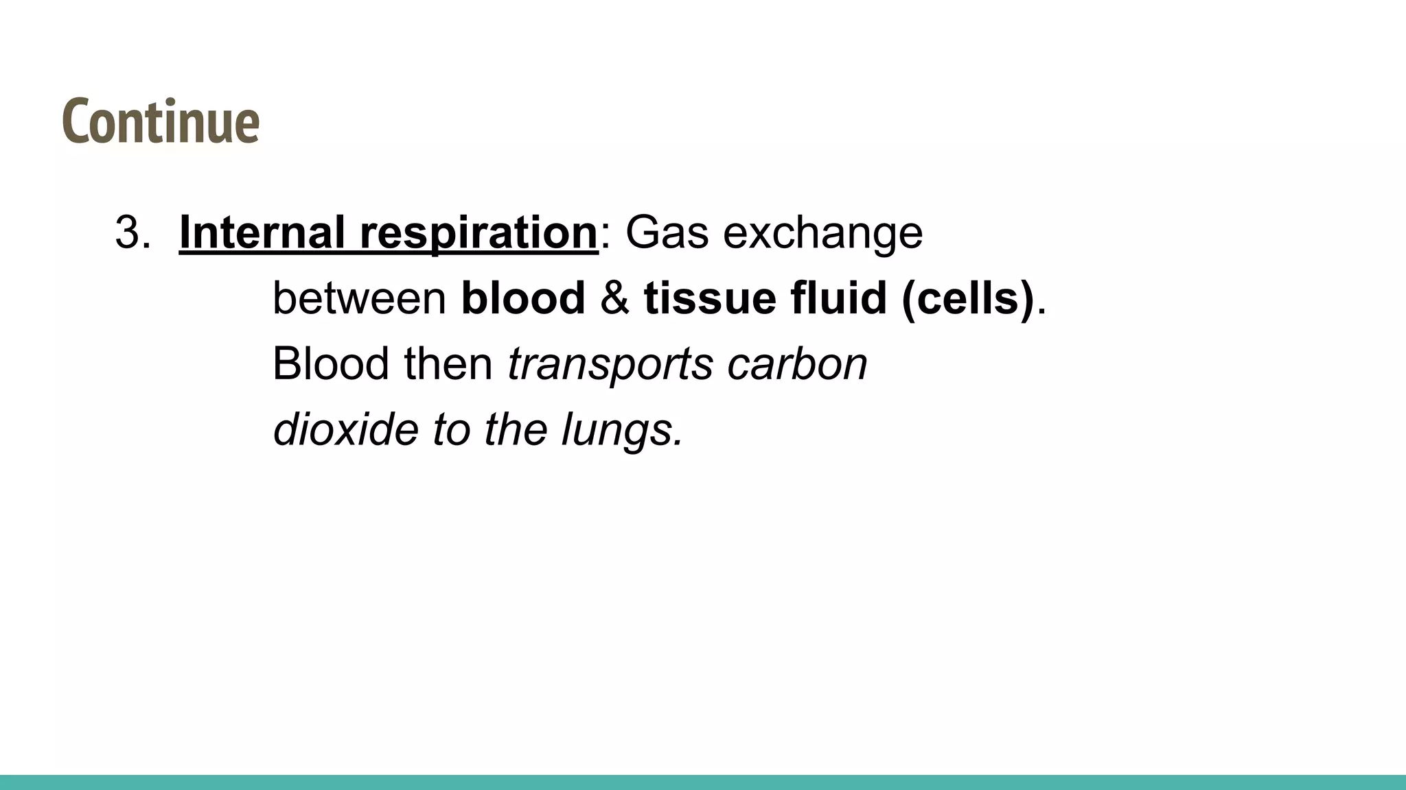 Continue
3. Internal respiration: Gas exchange
between blood & tissue fluid (cells).
Blood then transports carbon
dioxide to the lungs.