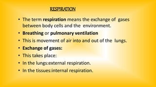 RESPIRATION
• The term respiration means the exchange of gases
between body cells and the environment.
• Breathing or pulmonary ventilation
• This is movement of air into and out of the lungs.
• Exchange of gases:
• This takes place:
• In the lungs:external respiration.
• In the tissues:internal respiration.
 