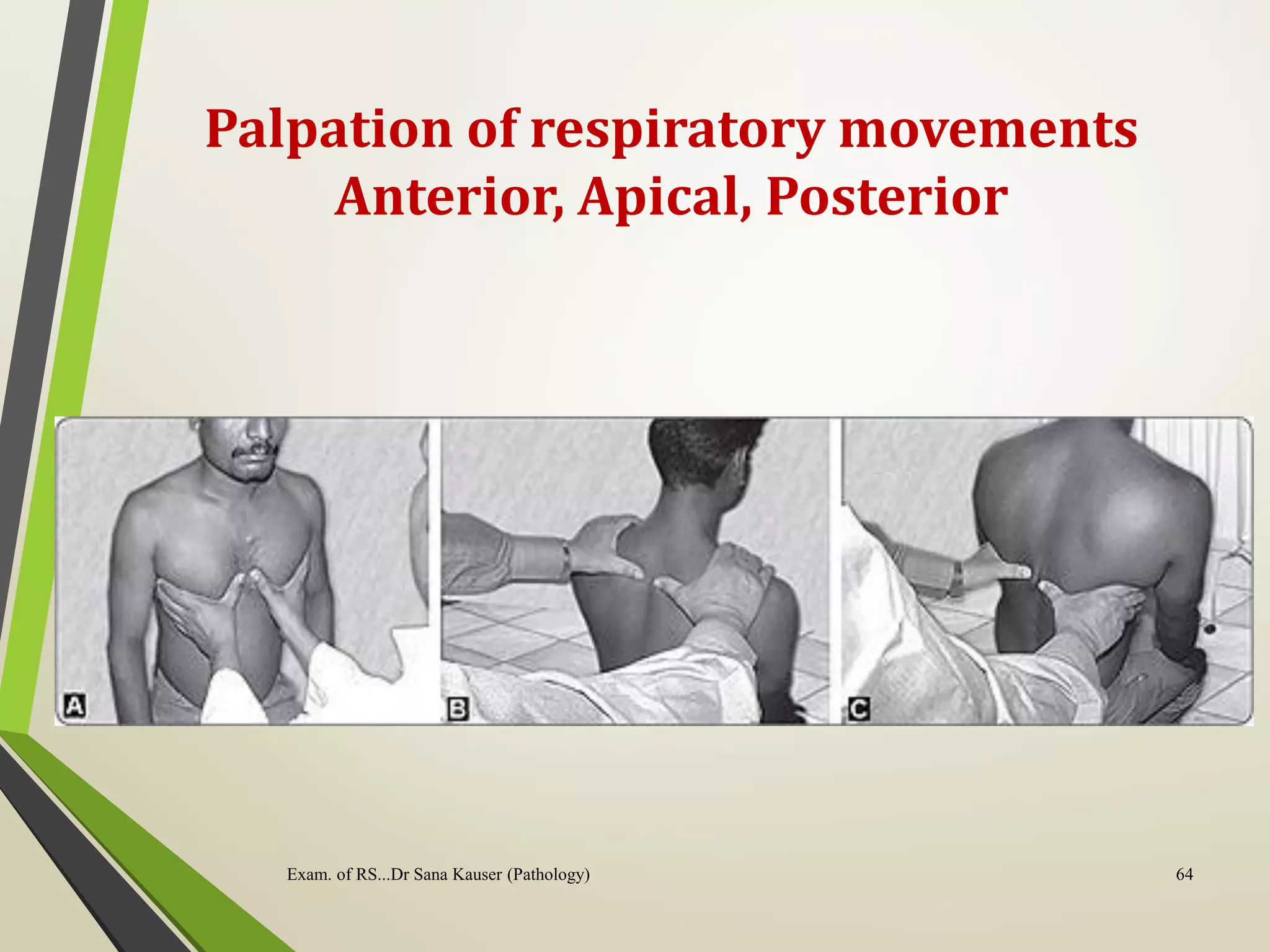 Palpation of respiratory movements
Anterior, Apical, Posterior
Exam. of RS...Dr Sana Kauser (Pathology) 64
 