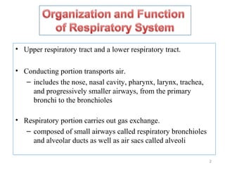 • Upper respiratory tract and a lower respiratory tract.
• Conducting portion transports air.
– includes the nose, nasal cavity, pharynx, larynx, trachea,
and progressively smaller airways, from the primary
bronchi to the bronchioles
• Respiratory portion carries out gas exchange.
– composed of small airways called respiratory bronchioles
and alveolar ducts as well as air sacs called alveoli
2
 