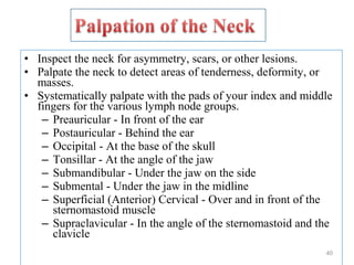 • Inspect the neck for asymmetry, scars, or other lesions.
• Palpate the neck to detect areas of tenderness, deformity, or
masses.
• Systematically palpate with the pads of your index and middle
fingers for the various lymph node groups.
– Preauricular - In front of the ear
– Postauricular - Behind the ear
– Occipital - At the base of the skull
– Tonsillar - At the angle of the jaw
– Submandibular - Under the jaw on the side
– Submental - Under the jaw in the midline
– Superficial (Anterior) Cervical - Over and in front of the
sternomastoid muscle
– Supraclavicular - In the angle of the sternomastoid and the
clavicle
40
 