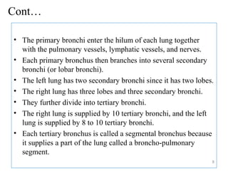 Cont…
• The primary bronchi enter the hilum of each lung together
with the pulmonary vessels, lymphatic vessels, and nerves.
• Each primary bronchus then branches into several secondary
bronchi (or lobar bronchi).
• The left lung has two secondary bronchi since it has two lobes.
• The right lung has three lobes and three secondary bronchi.
• They further divide into tertiary bronchi.
• The right lung is supplied by 10 tertiary bronchi, and the left
lung is supplied by 8 to 10 tertiary bronchi.
• Each tertiary bronchus is called a segmental bronchus because
it supplies a part of the lung called a broncho-pulmonary
segment.
8
 