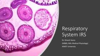 Respiratory
System IRS
Dr. Dinesh Veera
(MBBS, MSc Medical Physiology)
AIMST University
 