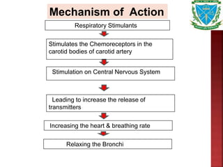Mechanism of Action
Respiratory Stimulants
Stimulation on Central Nervous System
Stimulates the Chemoreceptors in the
carotid bodies of carotid artery
Leading to increase the release of
transmitters
Increasing the heart & breathing rate
Relaxing the Bronchi
 