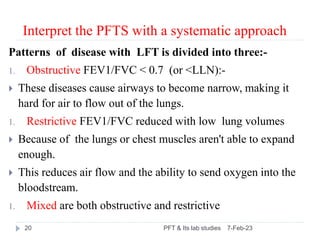 Interpret the PFTS with a systematic approach
7-Feb-23
PFT & Its lab studies
20
Patterns of disease with LFT is divided in...