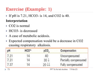 Exercise (Example: 1)
 If pH is 7.21, HCO3- is 14, and CO2 is 40.
Interpretation
 CO2 is normal
 HCO3- is decreased
 A...