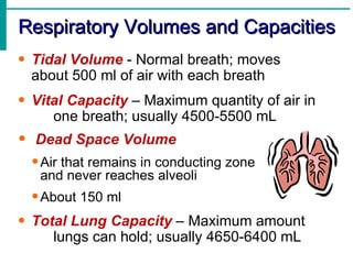 Respiratory Volumes and Capacities
• Tidal Volume - Normal breath; moves
  about 500 ml of air with each breath
• Vital Capacity – Maximum quantity of air in
     one breath; usually 4500-5500 mL
•   Dead Space Volume
    • Air that remains in conducting zone
     and never reaches alveoli
    • About 150 ml
• Total Lung Capacity – Maximum amount
     lungs can hold; usually 4650-6400 mL
 