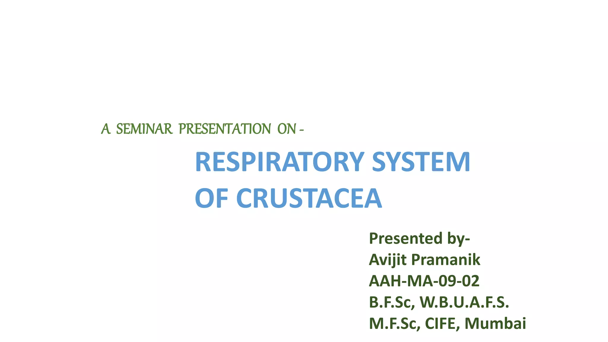 A SEMINAR PRESENTATION ON -
RESPIRATORY SYSTEM
OF CRUSTACEA
Presented by-
Avijit Pramanik
AAH-MA-09-02
B.F.Sc, W.B.U.A.F.S.
M.F.Sc, CIFE, Mumbai
 
