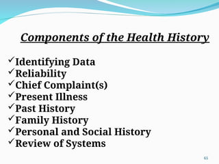 Identifying Data
Reliability
Chief Complaint(s)
Present Illness
Past History
Family History
Personal and Social History
Review of Systems
Components of the Health History
65
 