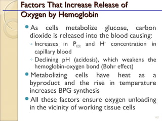 Factors That Increase Release ofFactors That Increase Release of
Oxygen by HemoglobinOxygen by Hemoglobin
As cells metabolize glucose, carbon
dioxide is released into the blood causing:
◦ Increases in PCO2 and H+
concentration in
capillary blood
◦ Declining pH (acidosis), which weakens the
hemoglobin-oxygen bond (Bohr effect)
Metabolizing cells have heat as a
byproduct and the rise in temperature
increases BPG synthesis
All these factors ensure oxygen unloading
in the vicinity of working tissue cells
102
 