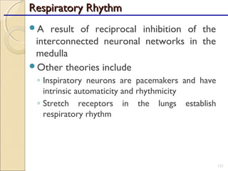 Respiratory RhythmRespiratory Rhythm
A result of reciprocal inhibition of the
interconnected neuronal networks in the
medulla
Other theories include
◦ Inspiratory neurons are pacemakers and have
intrinsic automaticity and rhythmicity
◦ Stretch receptors in the lungs establish
respiratory rhythm
121
 