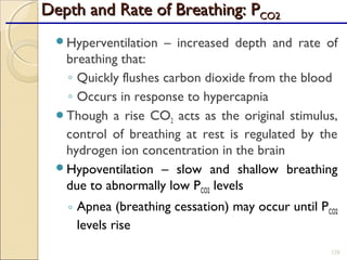 Depth and Rate of Breathing: PDepth and Rate of Breathing: PCO2CO2
Hyperventilation – increased depth and rate of
breathing that:
◦ Quickly flushes carbon dioxide from the blood
◦ Occurs in response to hypercapnia
Though a rise CO2 acts as the original stimulus,
control of breathing at rest is regulated by the
hydrogen ion concentration in the brain
Hypoventilation – slow and shallow breathing
due to abnormally low PCO2 levels
◦ Apnea (breathing cessation) may occur until PCO2
levels rise
128
 