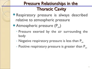 Pressure Relationships in thePressure Relationships in the
Thoracic CavityThoracic Cavity
Respiratory pressure is always described
relative to atmospheric pressure
Atmospheric pressure (Patm)
◦ Pressure exerted by the air surrounding the
body
◦ Negative respiratory pressure is less than Patm
◦ Positive respiratory pressure is greater than Patm
55
 