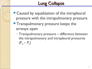 Caused by equalization of the intrapleural
pressure with the intrapulmonary pressure
Transpulmonary pressure keeps the
airways open
◦ Transpulmonary pressure – difference between
the intrapulmonary and intrapleural pressures
(Ppul – Pip)
59
Lung CollapseLung Collapse
 