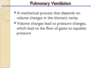 A mechanical process that depends on
volume changes in the thoracic cavity
Volume changes lead to pressure changes,
which lead to the flow of gases to equalize
pressure
60
Pulmonary VentilationPulmonary Ventilation
 