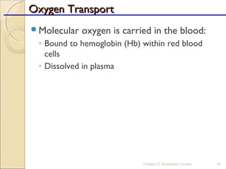 Oxygen TransportOxygen Transport
Molecular oxygen is carried in the blood:
◦ Bound to hemoglobin (Hb) within red blood
cells
◦ Dissolved in plasma
Chapter 22, Respiratory System 94
 