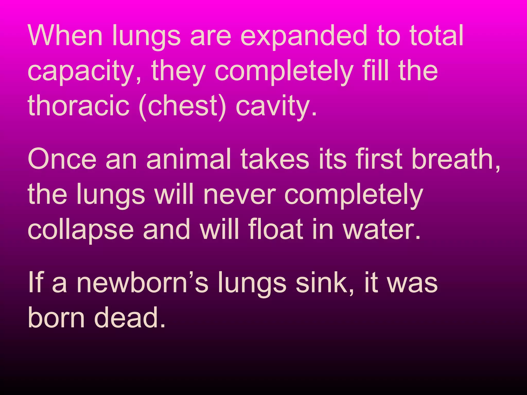 When lungs are expanded to total
capacity, they completely fill the
thoracic (chest) cavity.
Once an animal takes its first breath,
the lungs will never completely
collapse and will float in water.
If a newborn’s lungs sink, it was
born dead.
 