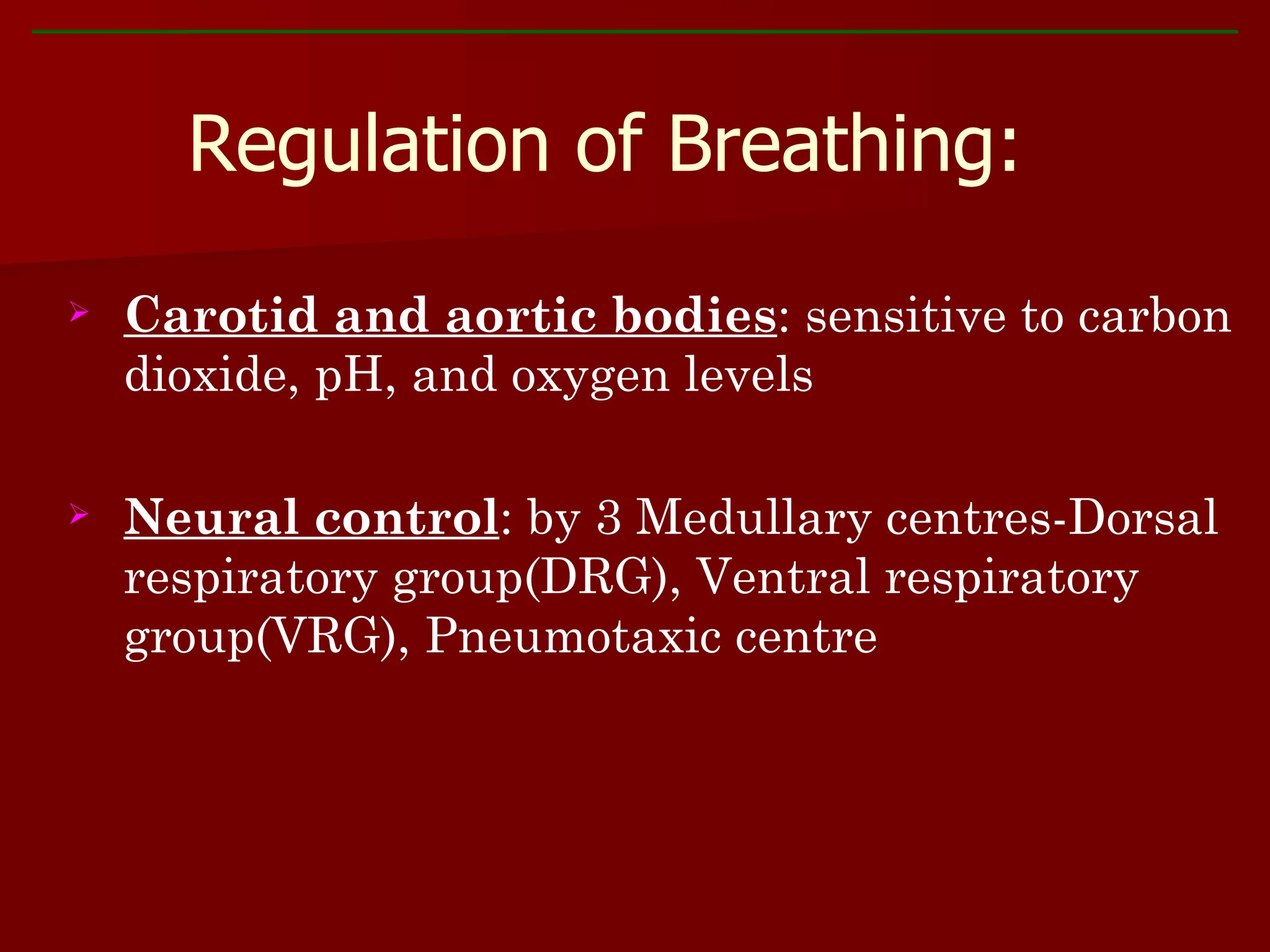 Carotid and aortic bodies : sensitive to carbon dioxide, pH, and oxygen levels Neural control : by 3 Medullary centres-Dorsal respiratory group(DRG), Ventral respiratory group(VRG), Pneumotaxic centre Regulation of Breathing:  