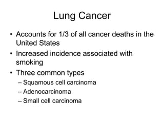 Lung Cancer
• Accounts for 1/3 of all cancer deaths in the
United States
• Increased incidence associated with
smoking
• Three common types
– Squamous cell carcinoma
– Adenocarcinoma
– Small cell carcinoma
 
