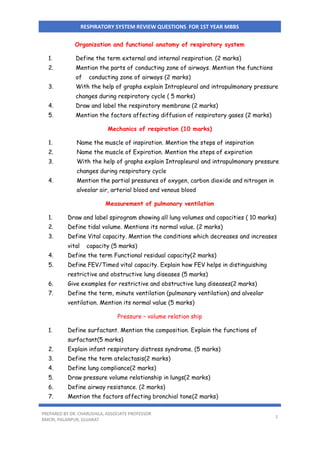 Respiratory System Review Questions  for 1 st year MBBS