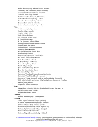 Baptist Memorial College of Health Science - Memphis
       Chattanooga State Community College - Chattanooga
       Columbia State Community College - Columbia
       ConCorde Career College-Memphis
       East Tennessee State University - Elizabethton
       Jackson State Community College - Jackson
       Roane State Community College - Harriman
       Tennessee State University - Nashville
       Volunteer State Community College - Gallatin
Texas
       Alvin Community College - Alvin
       Amarillo College - Amarillo
       Angelina College - Lufkin
       Collin College - McKinney
       Del Mar College - Corpus Christi
       El Centro College - Dallas
       El Paso Community College - El Paso
       Houston Community College System - Houston
       Howard College - San Angelo
       Lamar Institute of Technology-Beaumont
       Lone Star College - Kingwood
       McLennan Community College - Waco
       Midland College - Midland
       Midwestern State University - Wichita Falls
       San Jacinto College-Central - Pasadena
       South Plains College - Lubbock
       St. Philip's College - San Antonio
       Tarrant County College - Hurst
       Temple College - Temple
       Texas Southern University - Houston
       Texas State University-San Marcos
       Tyler Junior College - Tyler
       University of Texas Health Science Center at San Antonio
       University of Texas Medical Branch - Galveston
       University of Texas at Brownsville and Texas Southmost College - Brownsville
       USAF School of Health Care Sciences / 882 Training Group - Sheppard Air Force Base
       Victoria College - Victoria
       Weatherford College - Weatherford
Utah
       Independence University-California College for Health Sciences - Salt Lake City
       Stevens-Henager College - Murray
       Weber State University - Ogden
Vermont
       Vermont Technical College - Randolph Center
Virginia
       Central Virginia Community College - Lynchburg
       J. Sargeant Reynolds Community College - Richmond
       Jefferson College of Health Sciences - Roanoke
       Mountain Empire Community College - Big Stone Gap
       Northern Virginia Community College - Springfield
       Shenandoah University - Winchester
       Southwest Virginia Community College - Richlands


  © SchoolsforRespiratoryTherapy.com 2011. All rights reserved. This document may be distributed freely provided it
                                   remains in its original form with all links intact.
                 List of schools adapted from Wikipedia and subject to Creative Commons license.
 