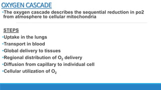 OXYGEN CASCADE
•The oxygen cascade describes the sequential reduction in po2
from atmosphere to cellular mitochondria
STEPS
•Uptake in the lungs
•Transport in blood
•Global delivery to tissues
•Regional distribution of O2 delivery
•Diffusion from capillary to individual cell
•Cellular utilization of O2
 